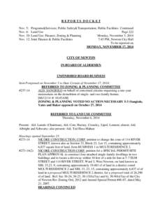 REPORTS DOCKET Nov. 5: Programs&Services; Public Safety&Transportation; Public Facilities Continued Nov. 6: Land Use Page 222 Nov. 10: Land Use; Finance; Zoning & Planning Monday, November 3, 2014