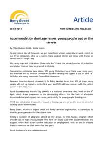 ArticleFOR IMMEDIATE RELEASE  Accommodation shortage leaves young people out on the