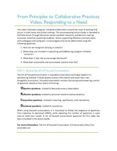 From Principles to Collaborative Practices Video: Responding to a Need This	
  video	
  illustrates	
  caregiver-­‐initiated	
  collaboration	
  around	
  the	
  issue	
  of	
  bullying	
  that	
   occurs	
