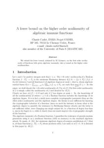 A lower bound on the higher order nonlinearity of algebraic immune functions Claude Carlet, INRIA Projet CODES, BP 105, 78153 Le Chesnay Cedex, France e-mail:  also member of the University of Paris