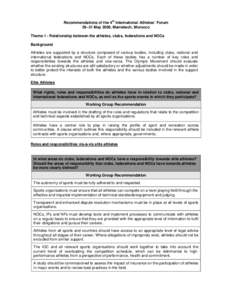 th  Recommendations of the 4 International Athletes’ Forum 29–31 May 2009, Marrakech, Morocco Theme 1 - Relationship between the athletes, clubs, federations and NOCs Background