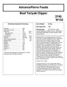 AdvancePierre Foods Beef Teriyaki Dipper 3740 W132 Nutritional Analysis Per Serving