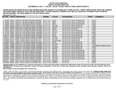 STATE FLEET SERVICES PUBLIC AUCTION PRICE LIST TH NOVEMBER 19, 2014 – 11:00 AM – [removed]STREET SOUTH, FARGO, NORTH DAKOTA VEHICLES MAY BE ADDED OR DELETED AND MILEAGES ARE SUBJECT TO CHANGE UP TO TIME OF SALE. THESE 