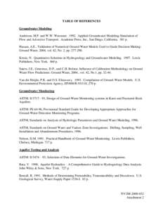 TABLE OF REFERENCES Groundwater Modeling Anderson, M.P. and W.W. Woessner[removed]Applied Groundwater Modeling-Simulation of Flow and Advective Transport. Academic Press, Inc., San Diego, California. 381 p. Hassan, A.E., 