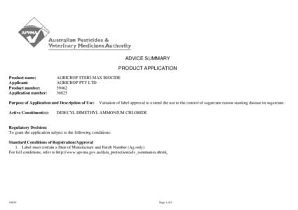 ADVICE SUMMARY PRODUCT APPLICATION Product name: Applicant: Product number: Application number: