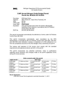 Michigan Department Of Environmental Quality Air Quality Division CAIR Annual Nitrogen Oxide Budget Permit Permit No. MI-NOA20XX Permittee
