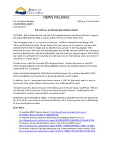 NEWS RELEASE For Immediate Release 2014ENV0046[removed]June 30, 2014  Ministry of Environment