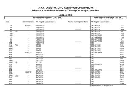 I.N.A.F. OSSERVATORIO ASTRONOMICO DI PADOVA Schedula e calendario dei turni ai Telescopi di Asiago Cima Ekar LUGLIO 2016 Telescopio Copernicocm. ) Data 1