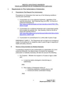 MEDICAL ASSISTANCE HANDBOOK PRIOR AUTHORIZATION OF PHARMACEUTICAL SERVICES I. Requirements for Prior Authorization of Antiemetics A.