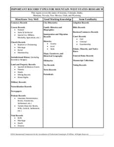 IMPORTANT RECORD TYPES FOR MOUNTAIN WEST STATES RESEARCH This region covers the states of Arizona, Colorado, Idaho, Montana, Nevada, New Mexico, Utah, and Wyoming Must Know Very Well