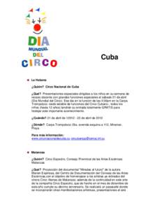 Cuba  La Habana ¿Quién? Circo Nacional de Cuba ¿Qué? Presentaciones especiales dirigidas a los niños en su semana de receso docente con grandes funciones especiales el sábado 21 de abril