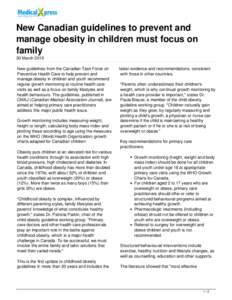 New Canadian guidelines to prevent and manage obesity in children must focus on family