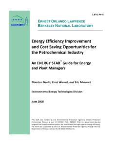 LBNL-964E  ERNEST ORLANDO LAWRENCE BERKELEY NATIONAL LABORATORY  Energy Efficiency Improvement