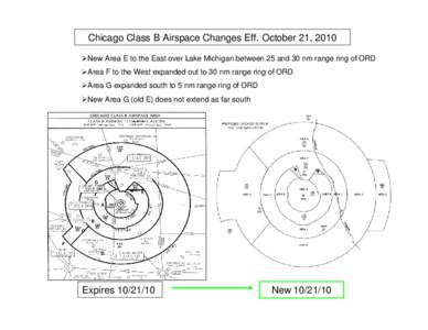 Chicago Class B Airspace Changes Eff. October 21, 2010 New Area E to the East over Lake Michigan between 25 and 30 nm range ring of ORD Area F to the West expanded out to 30 nm range ring of ORD Area G expanded south 