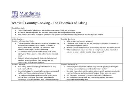 Year 9/10 Country Cooking – The Essentials of Baking Established Goals:  Produce high quality baked items which reflect new acquired skills and techniques  Be familiar with baking terms and use these fluidly when