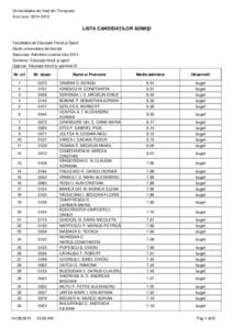 Universitatea de Vest din Timişoara Anul univ: [removed]LISTA CANDIDAŢILOR ADMIŞI Facultatea de Educaţie Fizică şi Sport Studii universitare de licenţă