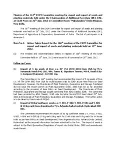 Minutes of the 167th EXIM Committee meeting for export and import of seeds and planting materials held under the Chairmanship of Additional Secretary (BK), DAC, at[removed]Noon on 26th July, 2012 in Committee Room “Mahal
