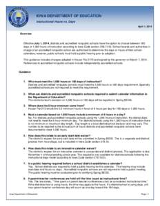 IOWA DEPARTMENT OF EDUCATION Instructional Hours vs. Days April 1, 2014 Overview