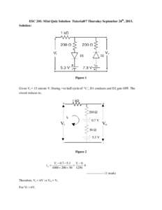 ESC 201: Mini Quiz Solution Tutorial#7 Thursday September 24th, 2015. Solution: Figure 1 Given Vi = 15 sin(t) V. During +ve half cycle of ‘Vi’, D1 conducts and D2 gets OFF. The circuit reduces to,