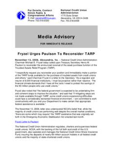 Media Advisory - Fryzel Urges Paulson To Reconsider TARP
