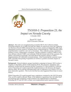 Sierra Environmental Studies Foundation  TN1010-1: Proposition 23, the Impact on Nevada County 5 October 2010 Russell W. Steele