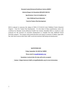 Alameda County Behavioral Healthcare Services (BHCS) Informal Request for Quotation (RFQ) #ECSpecifications, Terms & Conditions for Early Childhood Parent Education Train the Trainers Plan Development