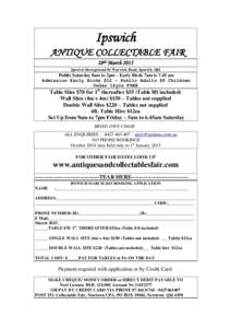 Ipswich ANTIQUE COLLECTABLE FAIR 28th March 2015 Ipswich Showground 81 Warwick Road, Ipswich, Qld  Public Saturday 8am to 2pm – Early Birds 7am to 7.45 am