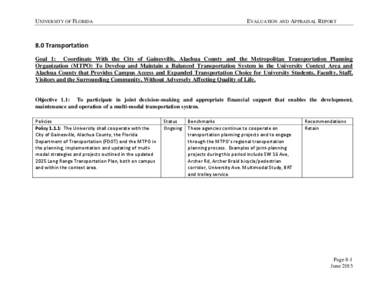 UNIVERSITY OF FLORIDA  EVALUATION AND APPRAISAL REPORT 8.0 Transportation Goal 1: Coordinate With the City of Gainesville, Alachua County and the Metropolitan Transportation Planning