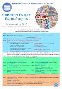 F ONDATION DE LA M AISON DE LA C HIMIE  CHIMIE ET ENJEUX ENERGÉTIQUES 14 novembre 2012 Maison de la Chimie, 28bis rue Saint-Dominique, Paris