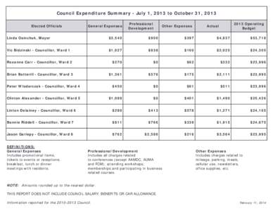 Council Expenditure Summary - July 1, 2013 to October 31, 2013 Elected Officials General Expenses  Professional