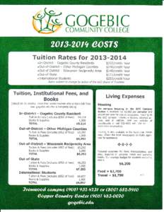 COCEBIC COMMUNITY COLLECE Tuition Rates for 2013-2OL4 oIn-District - Gogebic County Residents