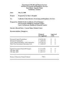 Department of Health and Human Services Division of Licensing and Regulatory Services State House, Augusta, Maine Preliminary Analysis Date: