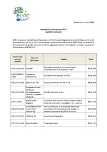 Stockholm, 30 June[removed]Annual List of Contracts 2013 Specific Contracts ECDC is required by the Rules of Application of the Financial Regulation (Article 123) to publish on its external website a list of those procurem