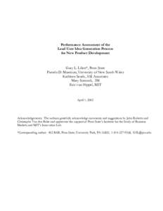 Performance Assessment of the Lead User Idea Generation Process for New Product Development Gary L. Lilien*, Penn State Pamela D. Morrison, University of New South Wales