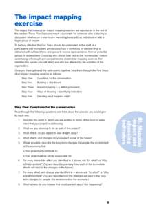 The impact mapping exercise The stages that make up an impact mapping exercise are reproduced in the rest of this section. These Five Steps are meant as prompts for someone who is leading a discussion whether on a one-to