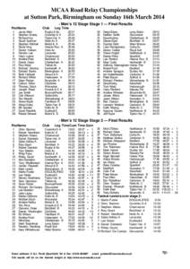 MCAA Road Relay Championships at Sutton Park, Birmingham on Sunday 16th March[removed]Men’s 12 Stage Stage 1 — Final Results PosName 1 2