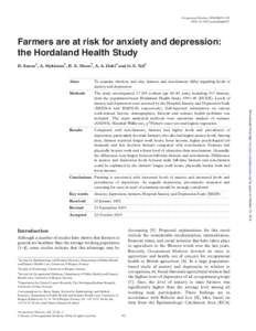 Occupational Medicine 2004;54:92–100 DOI: [removed]occmed/kqh007 Farmers are at risk for anxiety and depression: the Hordaland Health Study B. Sanne1, A. Mykletun2, B. E. Moen3, A. A. Dahl4 and G. S. Tell1