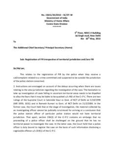 No[removed] – SC/ST–W Government of India Ministry of Home Affairs Centre State Division ******* 5th Floor, NDCC-II Building