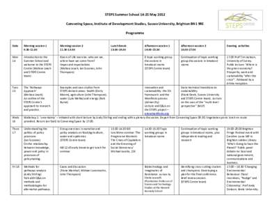 STEPS Summer SchoolMay 2012 Convening Space, Institute of Development Studies, Sussex University, Brighton BN1 9RE Programme Date  Morning session 1