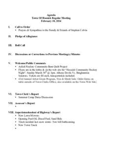 Agenda Town Of Hoosick Regular Meeting February 10, 2014 I.  Call to Order