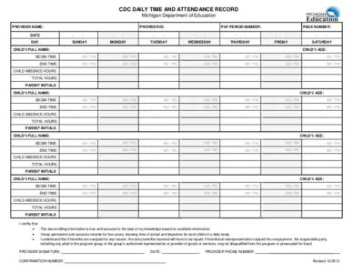 CDC DAILY TIME AND ATTENDANCE RECORD Michigan Department of Education PROVIDER NAME: PROVIDER ID: