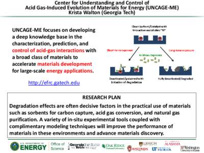 Center for Understanding and Control of Acid Gas-Induced Evolution of Materials for Energy (UNCAGE-ME) Krista Walton (Georgia Tech) UNCAGE-ME focuses on developing a deep knowledge base in the characterization, predictio