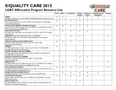 E/QUALITY CARE 2015 LGBT Affirmative Program Resource List AHRC 83 Maiden Lane New York, NYP: http://www.ahrcnyc.org Ali Forney Center 224 W. 35th Street New York, NYP: F: -