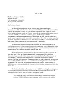 June 12, 2003 Letter from Chairman Conway to DOE Secretary forwarding[removed]Staff Issue Report re: Summary of Site Visits to Review progress in Implementing Recommendation[removed], Configuration Management, Vital Safety