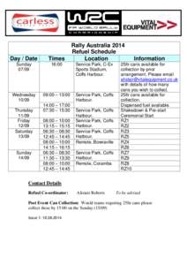 Rally Australia 2014 Refuel Schedule Location Day / Date