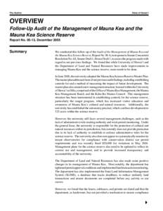 The Auditor  State of Hawai`i OVERVIEW Follow-Up Audit of the Management of Mauna Kea and the