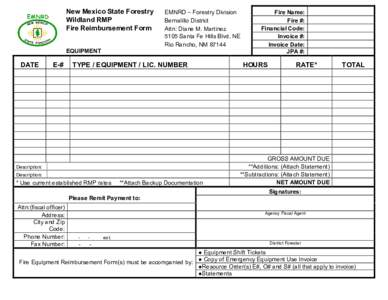 New Mexico State Forestry  Wildland RMP  Fire Reimbursement Form  EMNRD – Forestry Division  Bernalillo District 