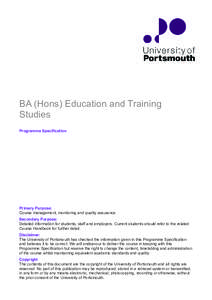 BA (Hons) Education and Training Studies Programme Specification Primary Purpose: Course management, monitoring and quality assurance.