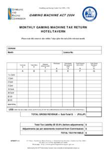 Gambling and Racing Control Act 1999, s 53D  GAMING MACHINE ACT 2004 MONTHLY GAMING MACHINE TAX RETURN HOTEL/TAVERN