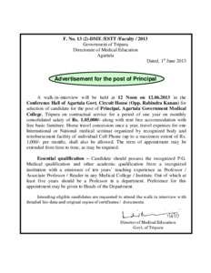 F. No[removed]DME /ESTT /Faculty[removed]Government of Tripura Directorate of Medical Education Agartala Dated, 1st June 2013